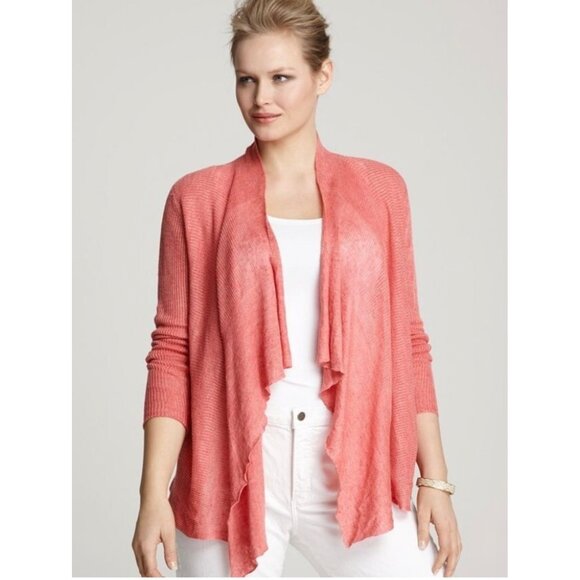 Eileen Fisher Cascading Open Front Long Sleeve Cardigan in Coral Pink Size XS - Picture 2 of 9